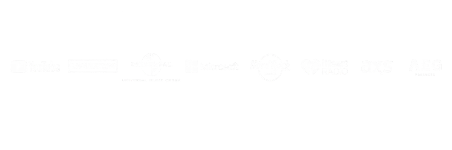 Featured clients including YouTube, Live Nation, Universal Music Group, Microsoft, Hard Rock Hotels, iHeartRadio, AXS, and AEG Presents